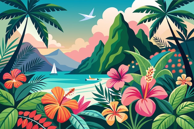 Flores exóticas de hibisco tropical no paraíso ilustração