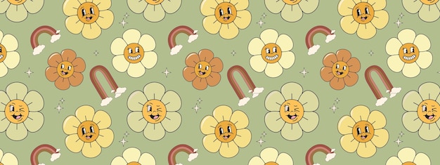 Vetor flores groovy em estilo psicodélico retro de moda padrão sem costura