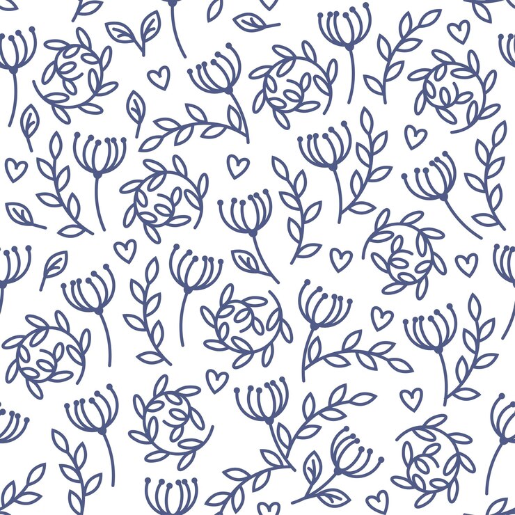 Flores lineares azuis com folhas em um fundo branco em padrão sem costuras de primavera