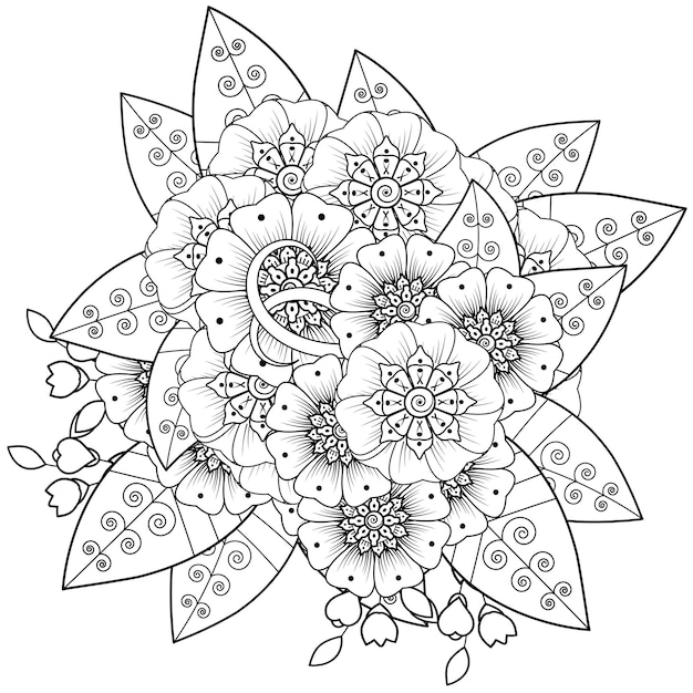 Flores mehndi em estilo étnico. contorne a página para colorir desenhada à mão.