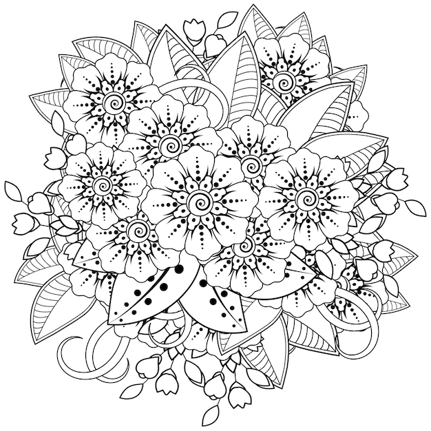 Vetor flores mehndi em estilo étnico. contorne a página para colorir desenhada à mão.