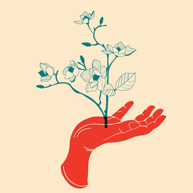Flores nas mãos Ilustração vetorial em estilo minimalista com efeito de impressão Riso Elemento de design