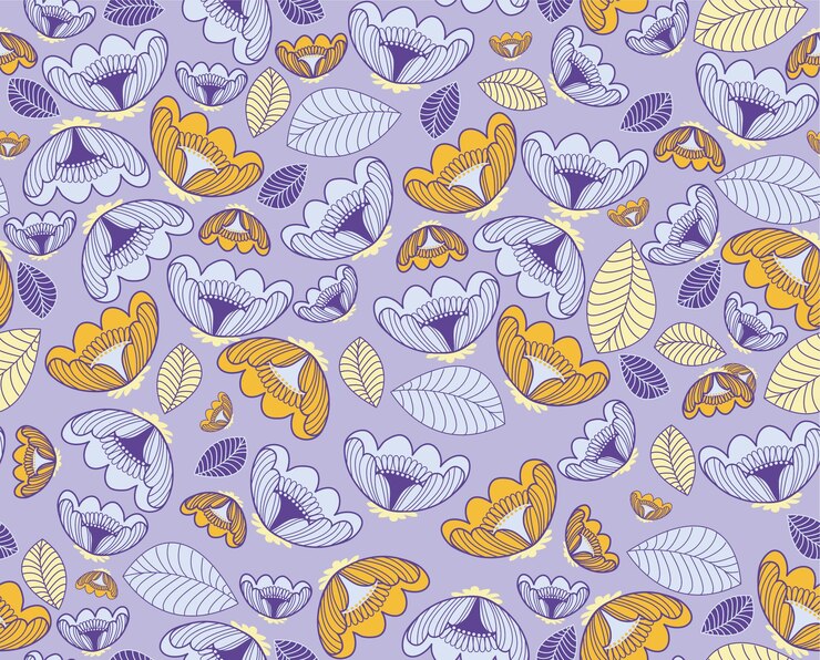 Vetor flores roxas com folhas amarelas e folhas roxas sobre um fundo roxo