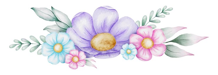 Vetor flores roxas e azuis roxas com folhas ilustração de aquarela desenhada à mão para convites de casamento embalagem de mercadorias design de cartões postais e artigos de papelaria