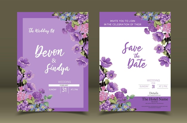 Flores roxas e salve os cartões de data para casamento