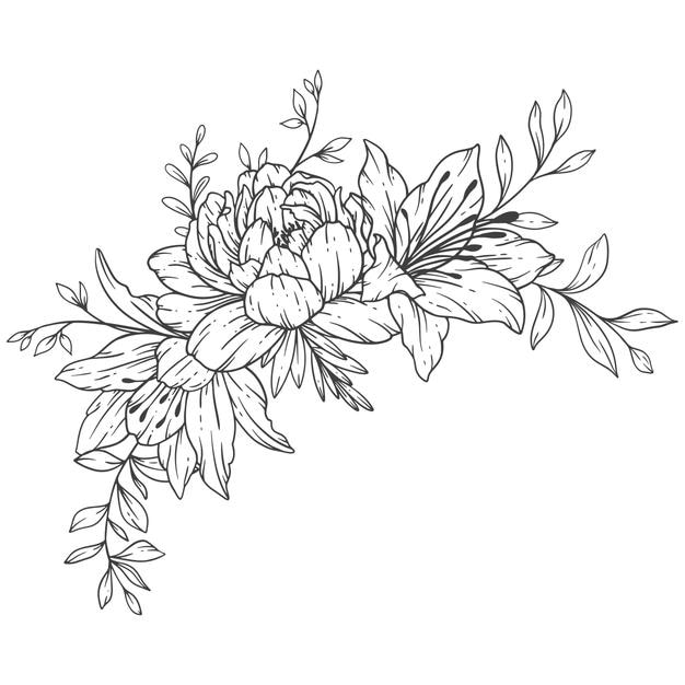 Flores silvestres Linha de Arte Linha fina Lily Flowe Bouquets Ilustração desenhada à mão Página de colorir floral
