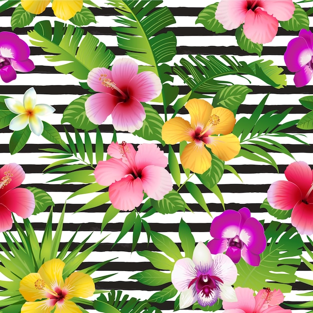 Flores tropicais e folhas em fundo listrado