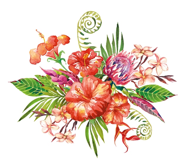 Flores tropicais em aquarela e buquê de folhas