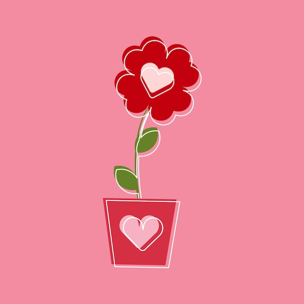 Flores vermelhas em forma de coração em um vaso de flores Símbolo de amor e romance Design plano Ilustração vetorial isolada