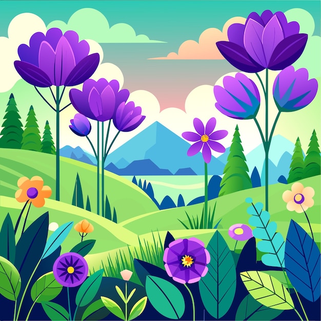 Flores violetas na ilustração vetorial do campo