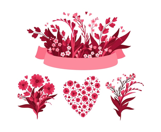 Vetor flores vivas magenta e fita vazia florescendo folhas e corações de flores silvestres de prado vermelho e rosa