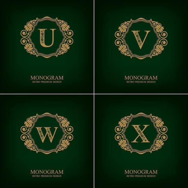 Floresce o modelo de UVWX de emblema de carta, elementos de design do monograma, modelo caligráfico gracioso.
