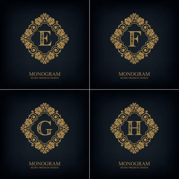 Floresce o modelo do emblema EFGH, elementos de design do monograma, modelo caligráfico gracioso.