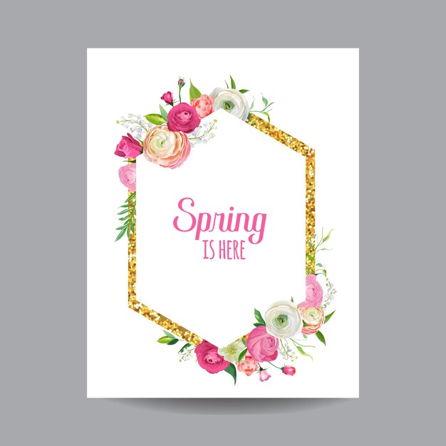 Florescendo a primavera e o quadro floral do verão com borda de brilho dourado. Flores de rosas em aquarela para convite, casamento, cartão de chá de bebê em vetor