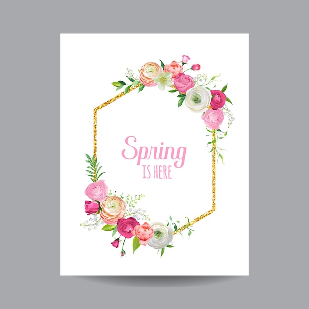 Florescendo a primavera e o quadro floral do verão com borda de brilho dourado. Flores de rosas em aquarela para convite, casamento, cartão de chá de bebê em vetor