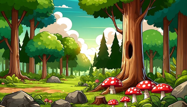 Vetor floresta animada de estilo desenho animado com árvores verdes cogumelos vermelhos e nuvens brilhantes