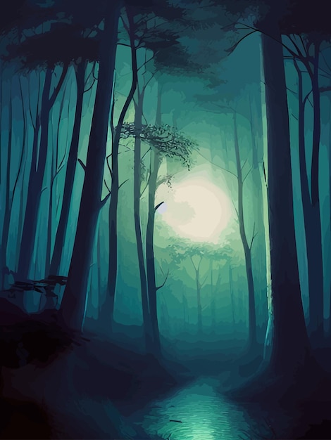 Vetor floresta assustadora com lua cheia e chão sem folhas e galhos design de outono temporada de halloween