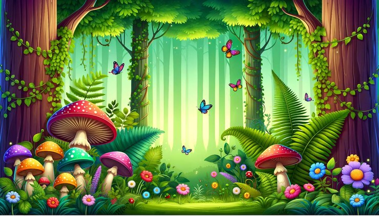 Vetor floresta caprichosa com cores vibrantes e elementos lúdicos
