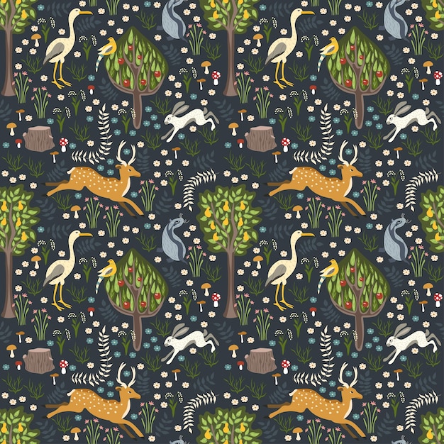 Floresta com animais, veado, lebre, pássaro, texugo, ilustração vetorial, padrão perfeito