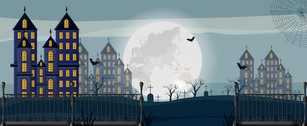 Floresta de Halloween com bandeira de castelos, cemitério e morcegos