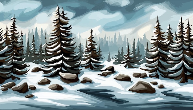 Vetor floresta de inverno em montanhas cobertas de neve abetos cobertos de neve ilustração vetorial da paisagem