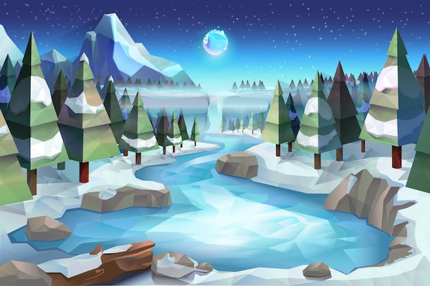 Floresta de inverno, ilustração vetorial estilo low poly