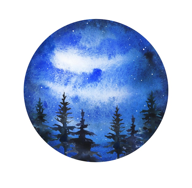 Floresta desenhada à mão em aquarela de céu noturno escuro