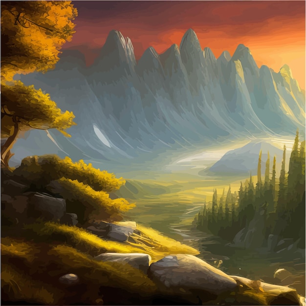 Vetor floresta e montanhas rio paisagem vetor dia nublado nebuloso vetor ilustração temporada de verão