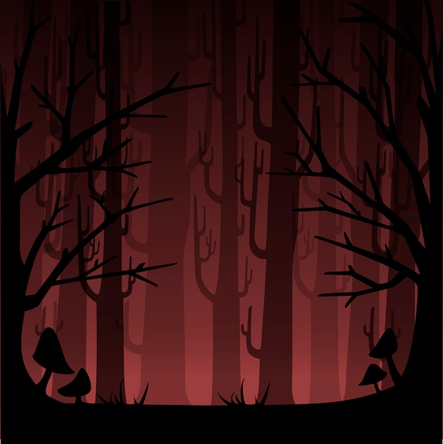 Vetor floresta escura com névoa vermelha. madeiras enevoadas para o conceito de jogo ou site. floresta nebulosa. ilustração