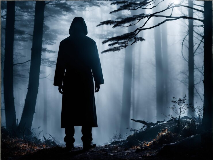 Vetor floresta escura misteriosa com um homem