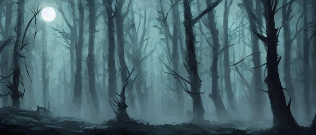 Floresta nebulosa árvore escura silhueta árvore truques na névoa azul névoa na noite vetor floresta