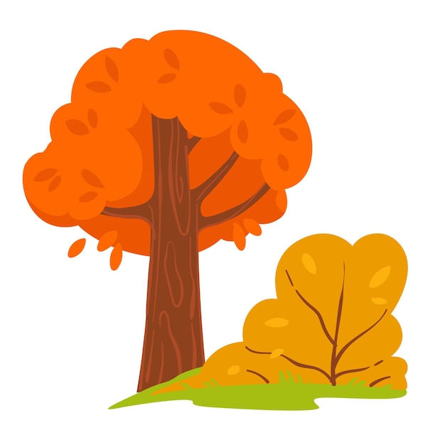 Vetor floresta ou bosque no outono, paisagens de outono, árvores isoladas e arbustos com folhas secas. vista panorâmica sazonal do parque, folhagem caducifólia e grama verde. vetor de outubro ou novembro em plano