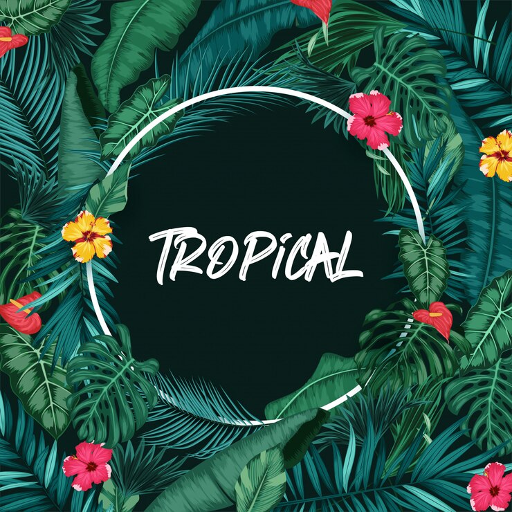 Vetor floresta tropical com moldura redonda em fundo preto