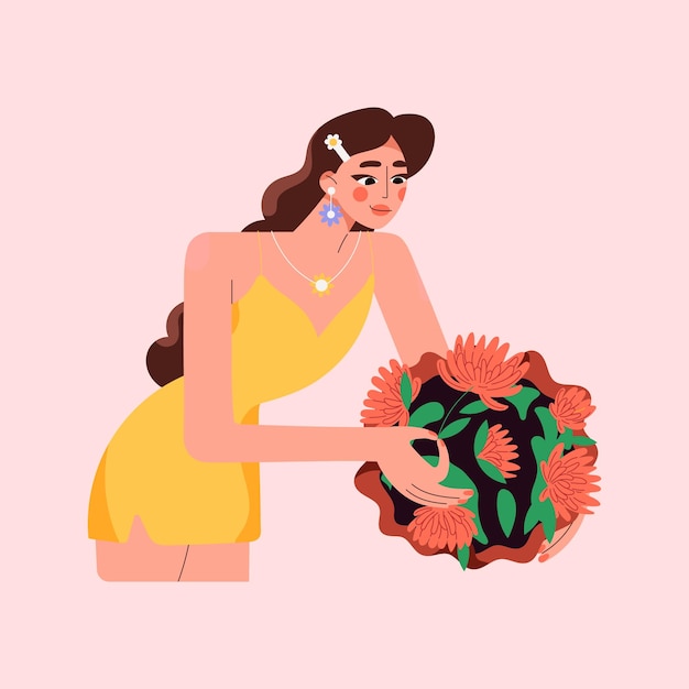 Vetor florista de mulher arrumando flores e hortaliças em um ramo floral jovem garota durante o arranjo de buquê diy posy projetando com flores frescas ilustração em vetor gráfico plano isolada no fundo branco