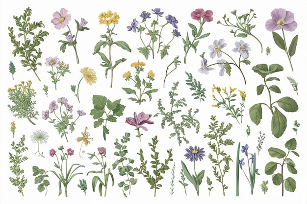 Flower Vector Illustration Set plano Estilo floral primavera natureza coleção de plantas arte flora simples lea