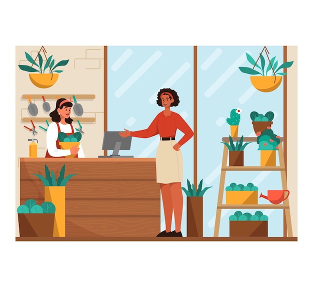 Flowershop interior Florista fazendo e vendendo plantas de casa Mulher