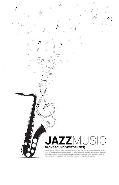 Fluxo de dança da nota da melodia da música do vetor do saxofone. Fundo de conceito para música jazz e tema de concerto.