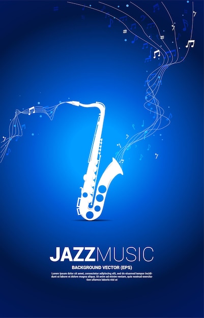 Fluxo de dança da nota da melodia da música do vetor do saxofone. Fundo de conceito para música jazz e tema de concerto.