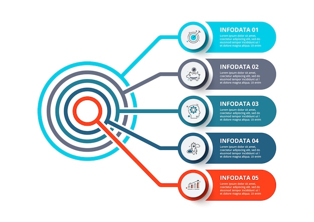 Fluxograma com 5 etapas, opções, peças ou processos. Conceito criativo para infográfico.