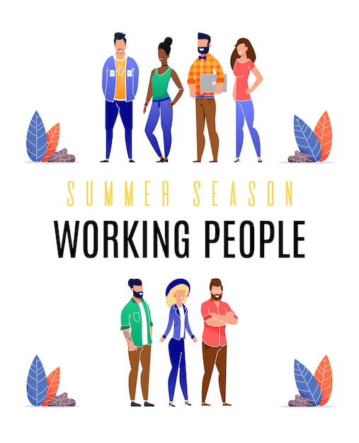 Flyer brilhante temporada de verão trabalhando pessoas plana