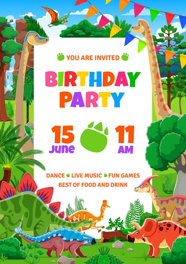 Vetor flyer de festa de aniversário com dinossauros répteis engraçados