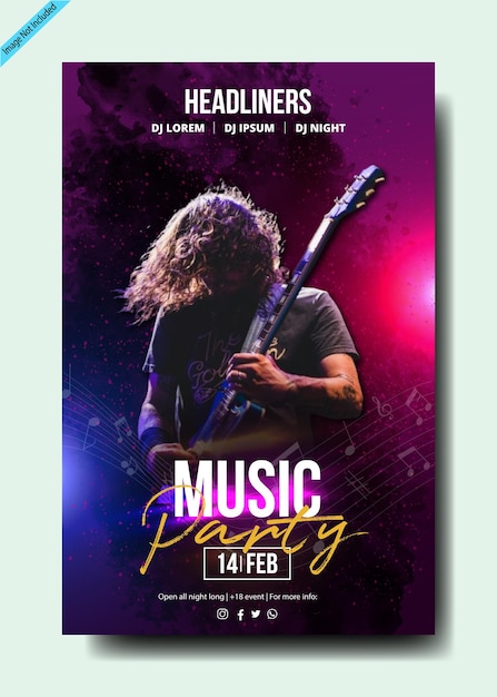 Flyer de festa de música com guitarrista - 14 de fevereiro