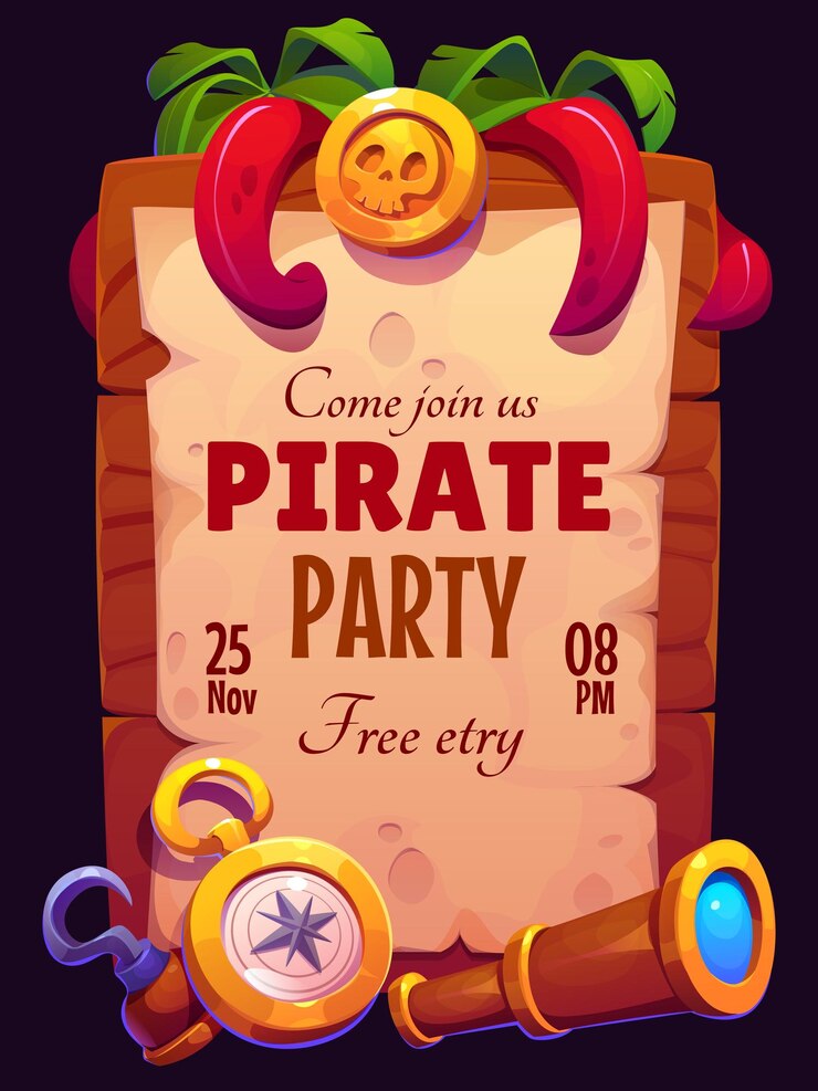 Vetor flyer de festa de piratas para um evento de entretenimento infantil