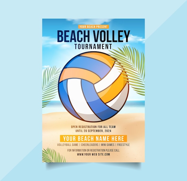 Vetor flyer de vôlei de praia ou projeto de modelo de cartaz em vetor