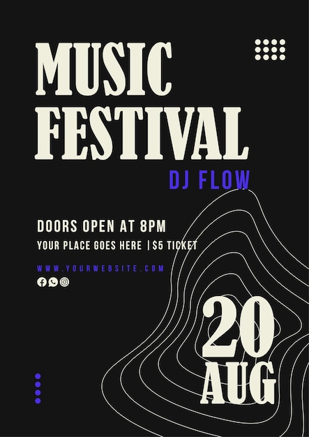 Flyer do Festival de Música Minimalista com Arte de Linha Abstracta e Tipografia Ousada