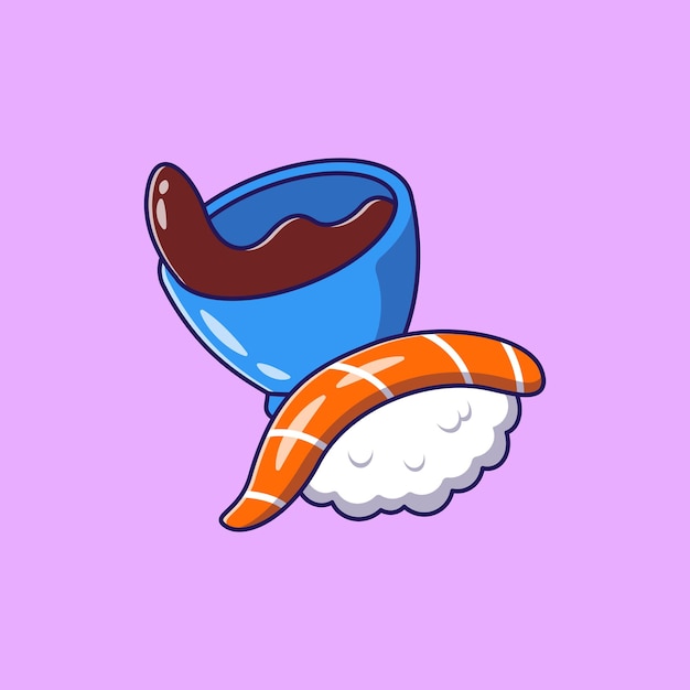 Flying delicious sake salmon sushi and soy sauce bowl icon flat icon illustration isolated