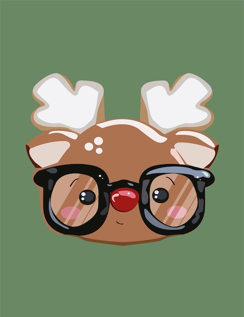 Vetor focinho fofo de um cervo de natal com nariz vermelho usando óculos cartão postal de ilustração vetorial