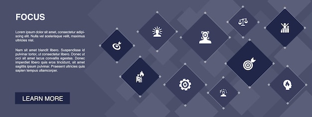 Focus banner 10 icons concept.target, motivação, integridade, ícones simples de processo