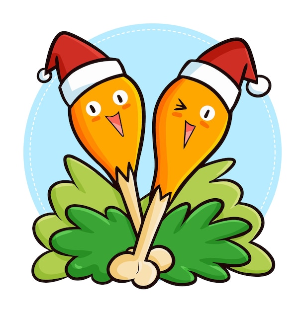 Fofinho e engraçado mascote de coxas de frango kawaii usando chapéu de papai noel no natal