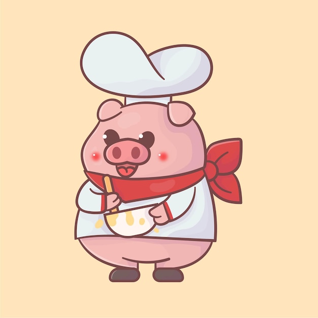 Fofo chef pig mascote logo premium kawaii